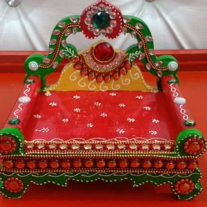 Zupppy Art & Craft Spiritual House Laddu Gopal Singhasan with Meenakari Work | Wooden Handcrafted Krishna Laddu Gopal Small Sinhasan for Pooja Mandir | Multicolor