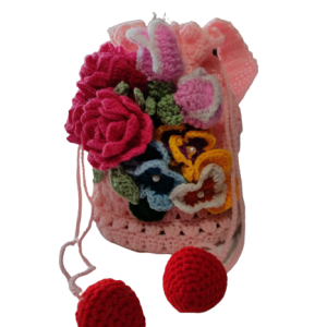 Zupppy Crochet Products Pink Customized Crochet Bag – Flower Garden Drawstring Handbag