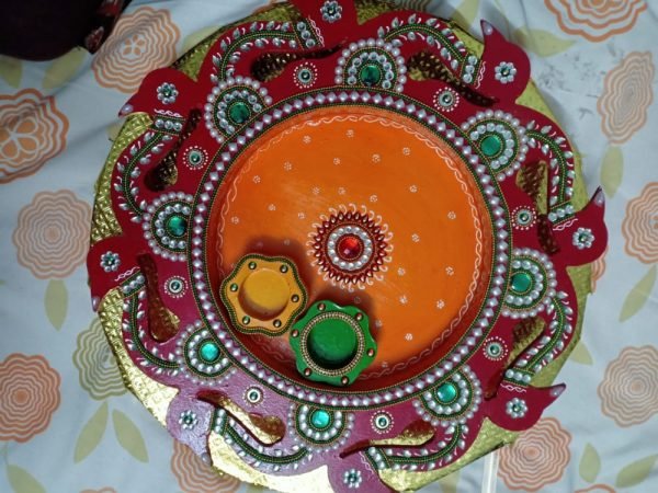 Zupppy Handcrafted Products Wooden Pooja thali in Peacock design