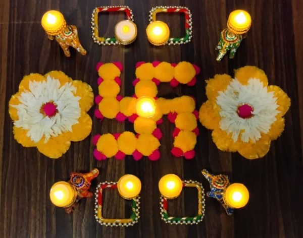 Zupppy Art & Craft Swastika Mat with Tealight Holder – Decorative Diwali Rangoli Combo