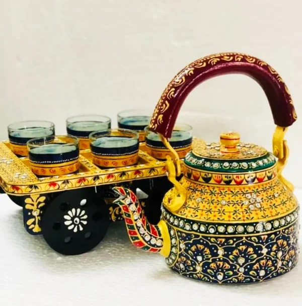 Zupppy Crockery & Utensils Hand Painted Tea kettle with 6 Glass sets and wooden Cart.