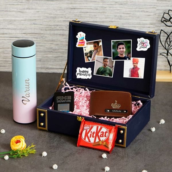 Zupppy Chocolates Customized Corporate Gift Hamper with Personalized Trunk, Temperature Bottle, Wallet, Kitkat, and Pocket Deo