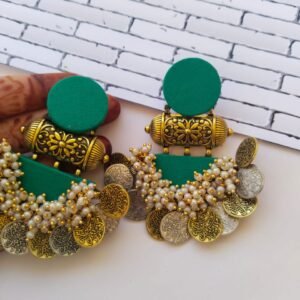 Zupppy Jewellery Rainvas Sea green silver and golden jhumka earrings