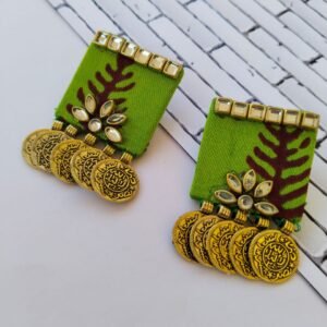 Zupppy Jewellery Rainvas Lime green fabric golden coin studs earrings