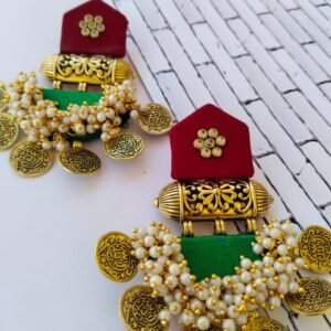Zupppy Jewellery Rainvas Red maroon and green golden heavy coin earrings