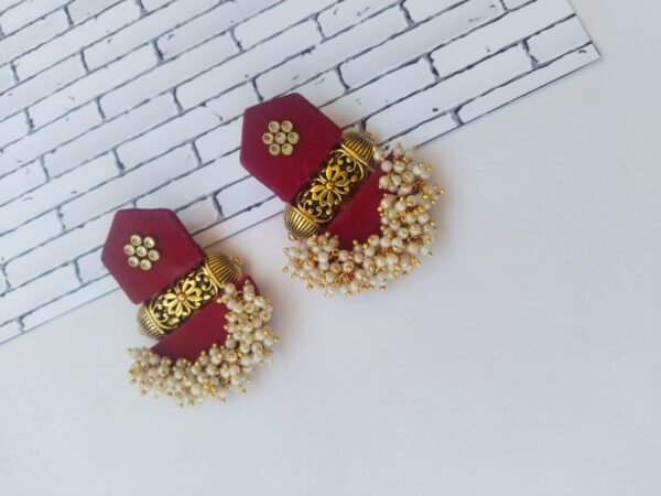 Zupppy Jewellery Rainvas Maroon golden beads heavy jhumka earrings for women