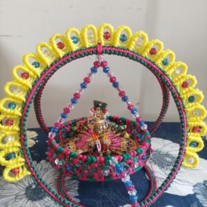 Zupppy Crochet Products Janmashtami Laddu Gopal Jhula | Wooden Kanha Jhula/Palna with Multicolor Macrame and Beads