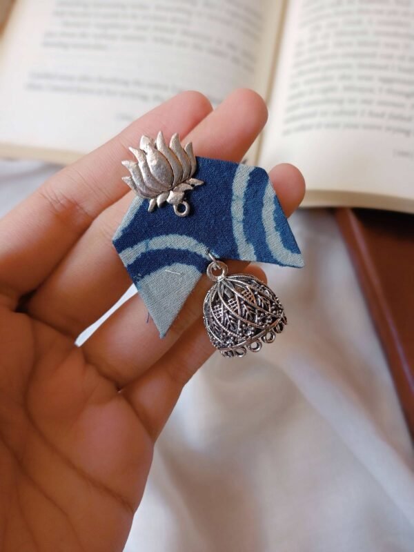 Zupppy Jewellery Rainvas Blue printed fabric lotus charm jhumka earrings