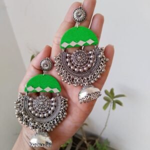 Zupppy Jewellery Rainvas Green oxidized heavy long jhumka with ghungroos