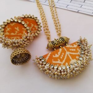 Zupppy Jewellery Rainvas Yellow orange Patola print ghantanmala beaded necklace and earrings set