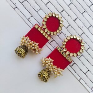 Zupppy Jewellery Rainvas Red rectangular beaded kundan jhumka