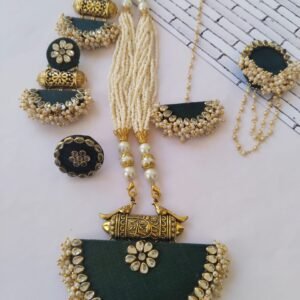 Zupppy Jewellery Rainvas Bottle green Long motimala necklace earrings bracelet and tika set