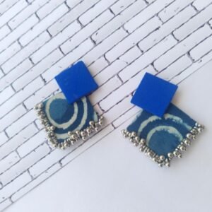 Zupppy Jewellery Indigo print and silver ghungroo fabric earrings