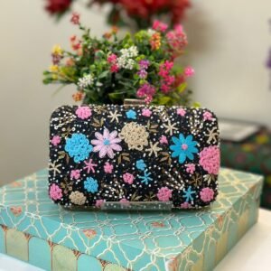 Zupppy Accessories Elegant Embroidered Boxes Clutch with Chain Sling Inside