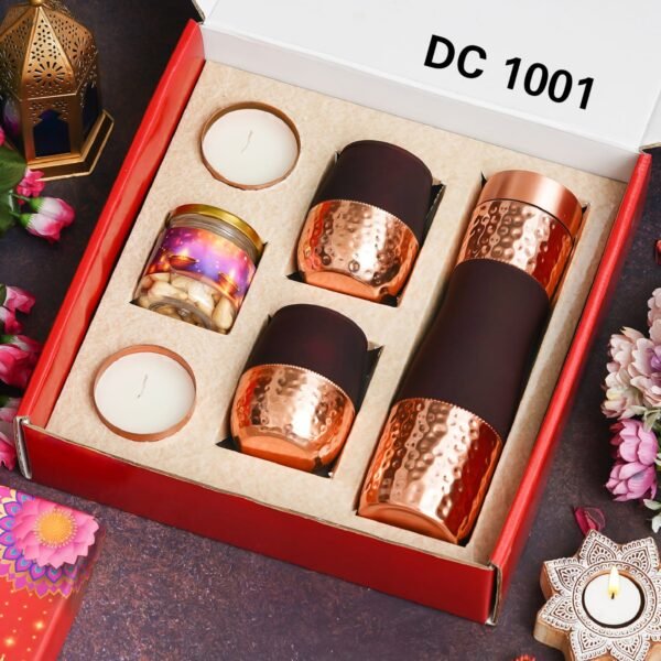 Zupppy Candle Premium Copper Water Bottle Gift Set – 900 ml Bottle, 2 Copper Glasses, 2 Metal Candles, and 100g Almond Jar