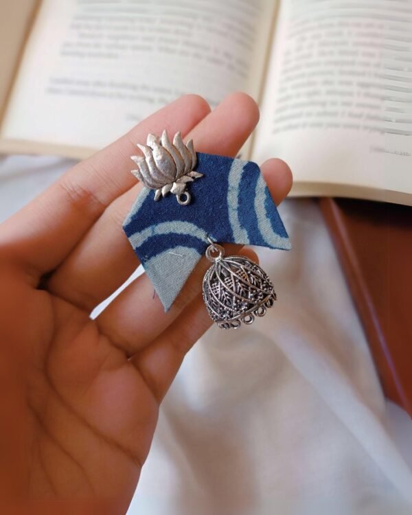 Zupppy Accessories Rainvas Indigo Blue printed Lotus charm Handmade Jhumka fabric Earrings