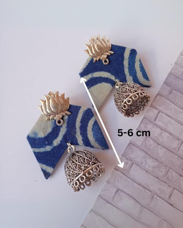 Zupppy Accessories Rainvas Indigo Blue printed Lotus charm Handmade Jhumka fabric Earrings