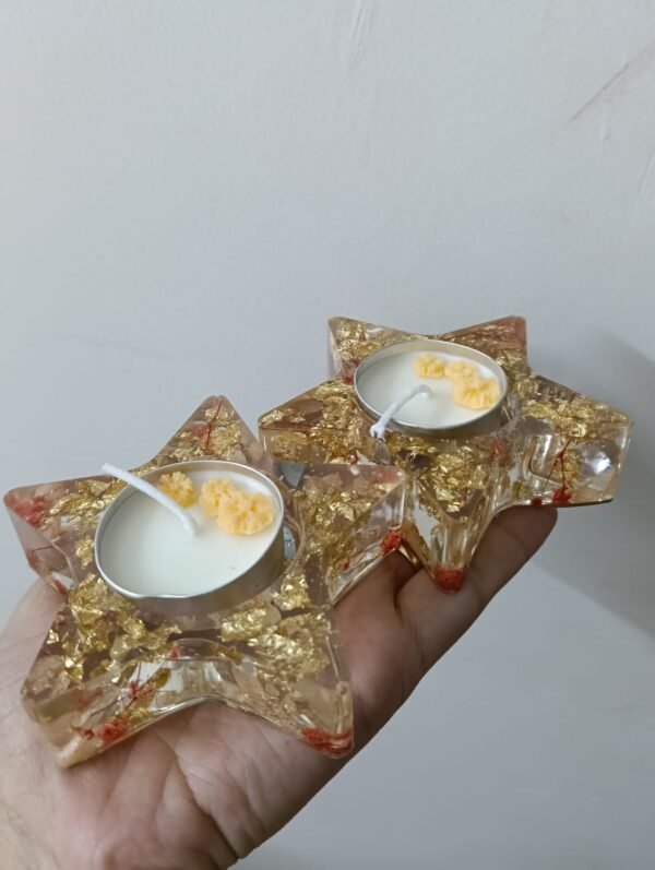 Zupppy Gifts Resin T-Light Holder with Flakes & Dry Pink Flowers (Set of 2)