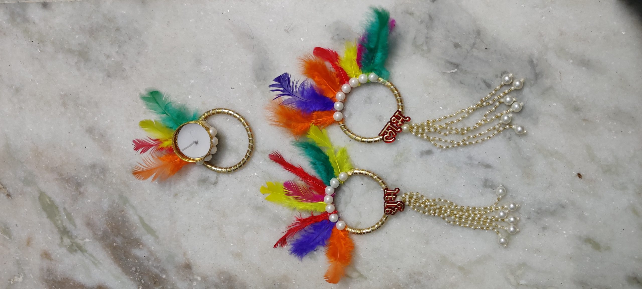 Feather Diya & Subh-Labh Set with Colorful Candle – Nature-Inspired Diwali Décor with Stylish Modifications - Image 6