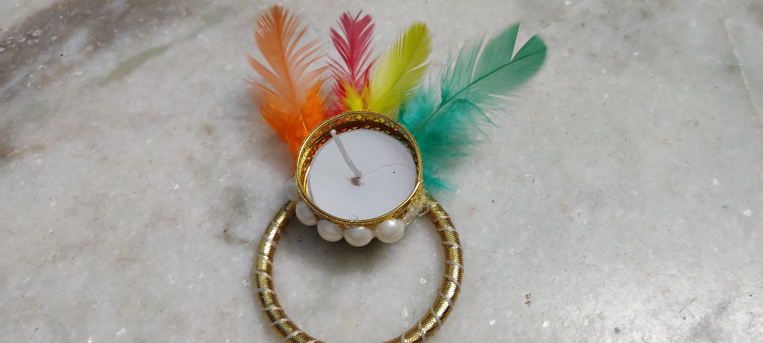 Feather Diya & Subh-Labh Set with Colorful Candle – Nature-Inspired Diwali Décor with Stylish Modifications - Image 5