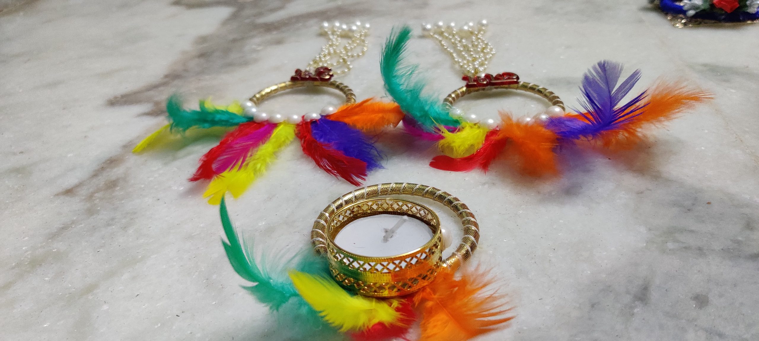 Feather Diya & Subh-Labh Set with Colorful Candle – Nature-Inspired Diwali Décor with Stylish Modifications - Image 2