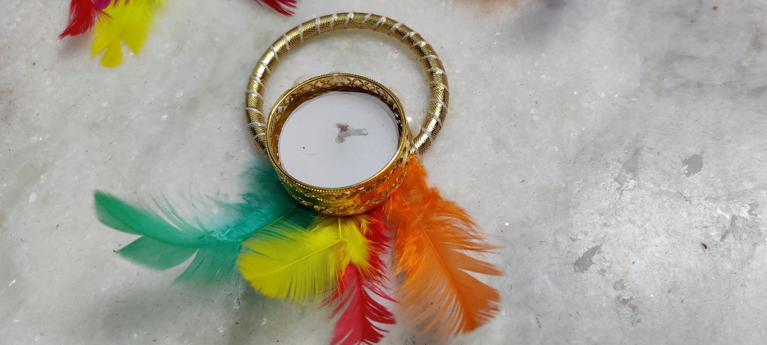 Feather Diya & Subh-Labh Set with Colorful Candle – Nature-Inspired Diwali Décor with Stylish Modifications - Image 4