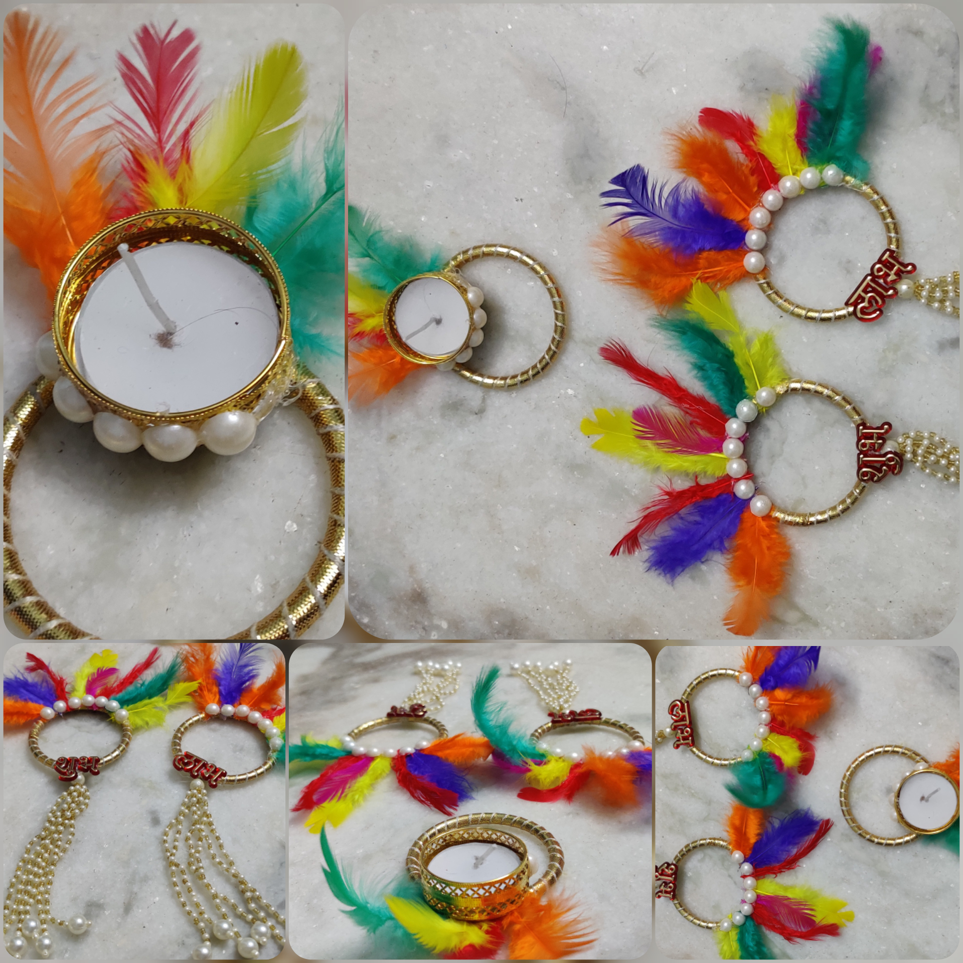 Feather Diya & Subh-Labh Set with Colorful Candle – Nature-Inspired Diwali Décor with Stylish Modifications