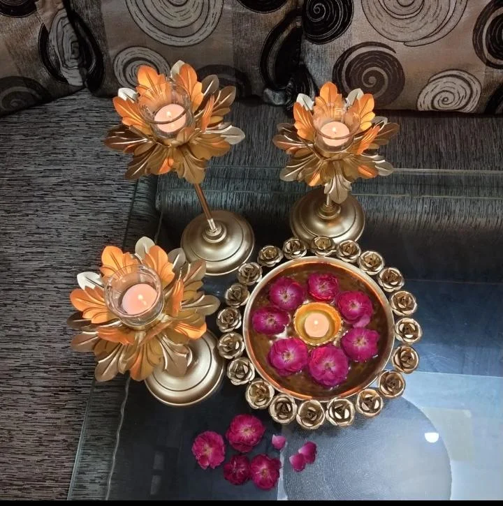 Golden Rose Urli with 3 T-Light Lotus Stand