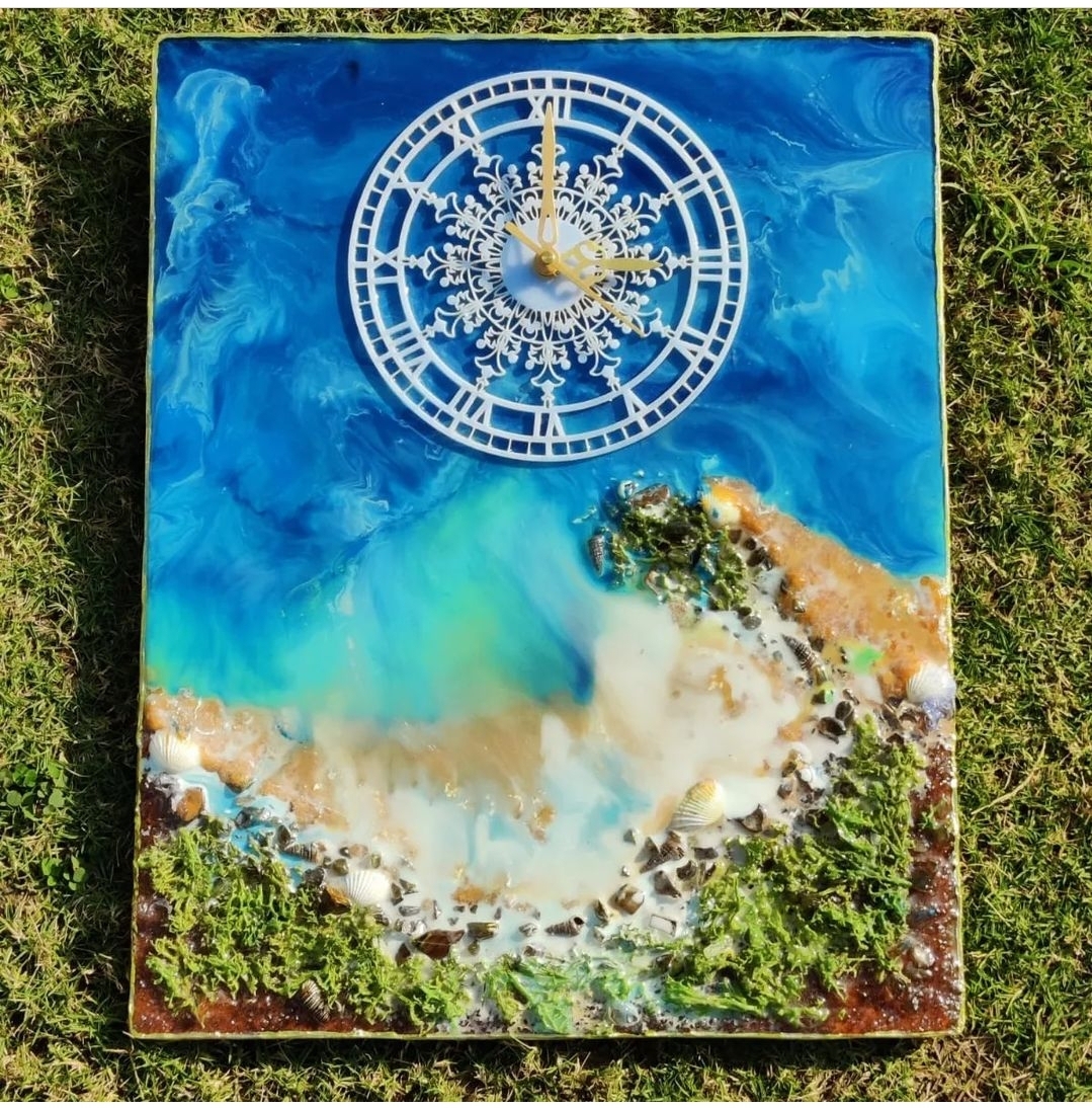 3D Ocean Resin Wall Clock | 12" x 15" inch ResincSquare Clock with MDF Base