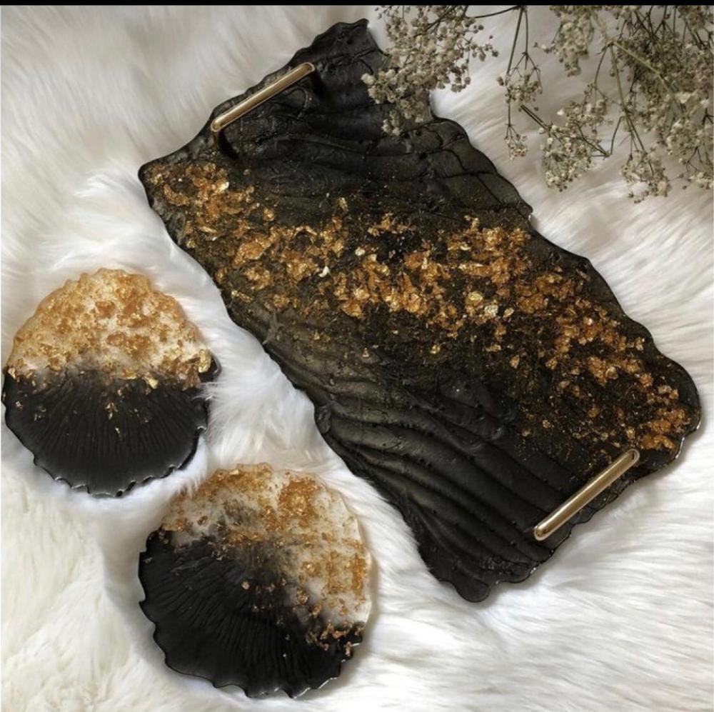 Resin Art Tray - Black and Golden Decorative Tray for Weddings and Events