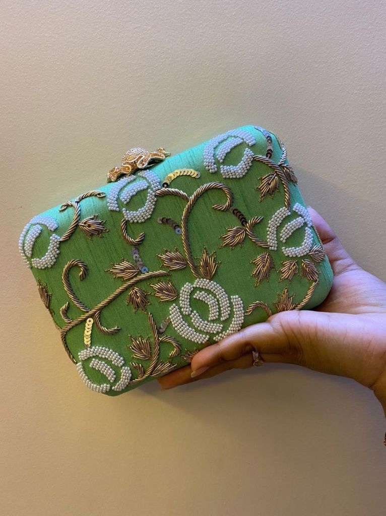 Embroidered Clutch with Designer Knob | Handcrafted Elegance with Metal Sling Chain