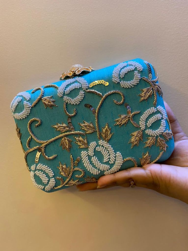 Embroidered Clutch with Designer Knob | Handcrafted Elegance with Metal Sling Chain - Image 3