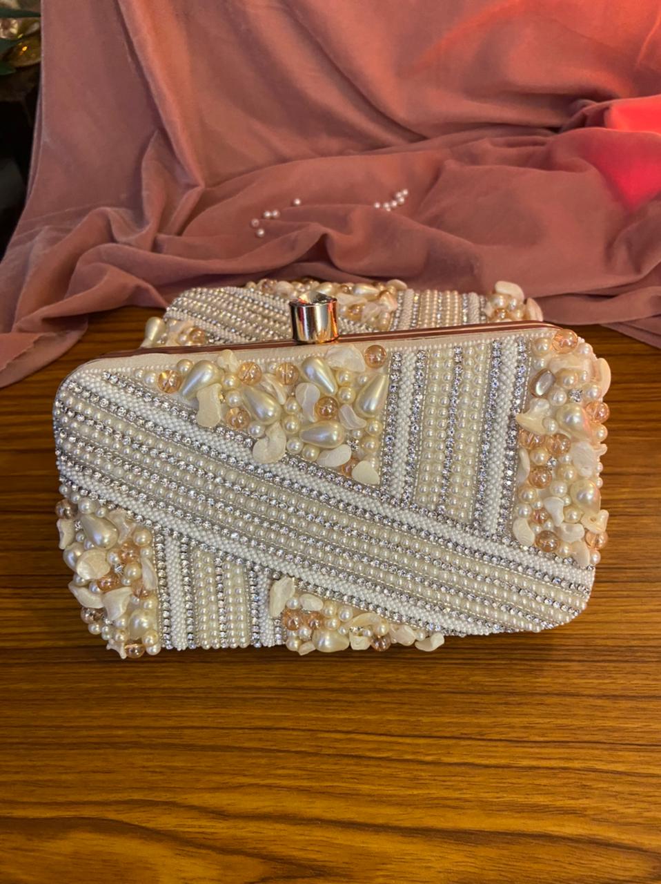 White Beads Clutch with Sling Chain | Elegant Ladies Purse for All Occasions