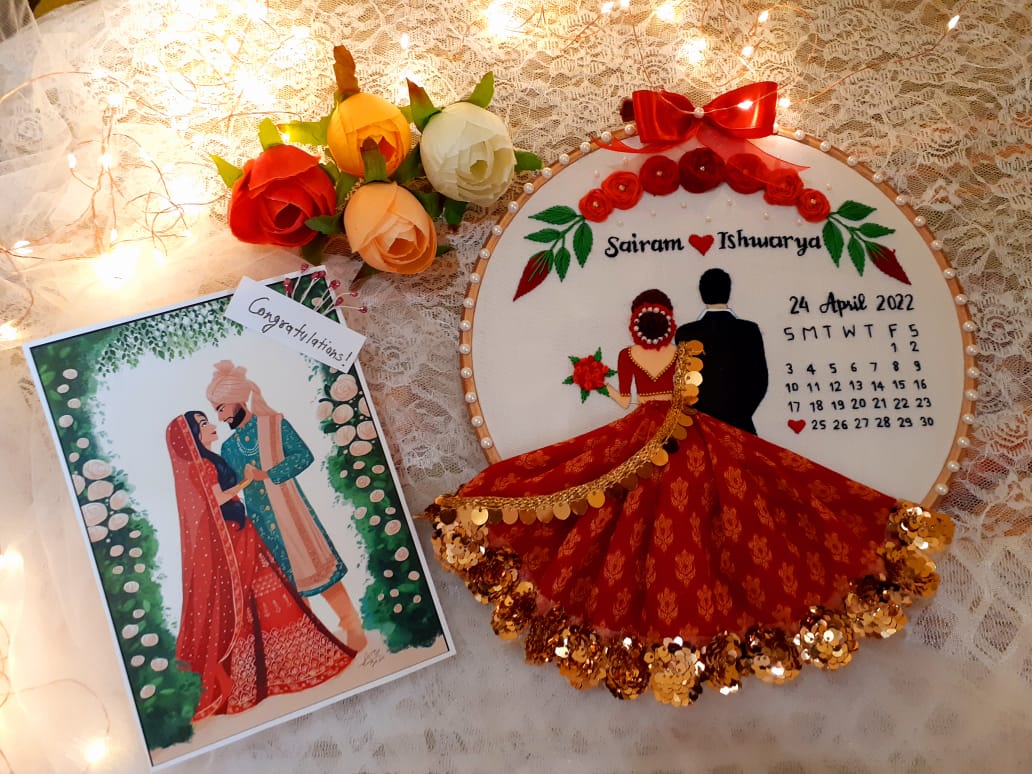 Customizable Bride & Groom Calendar Embroidered Hoop - Shop Personalized Moments!