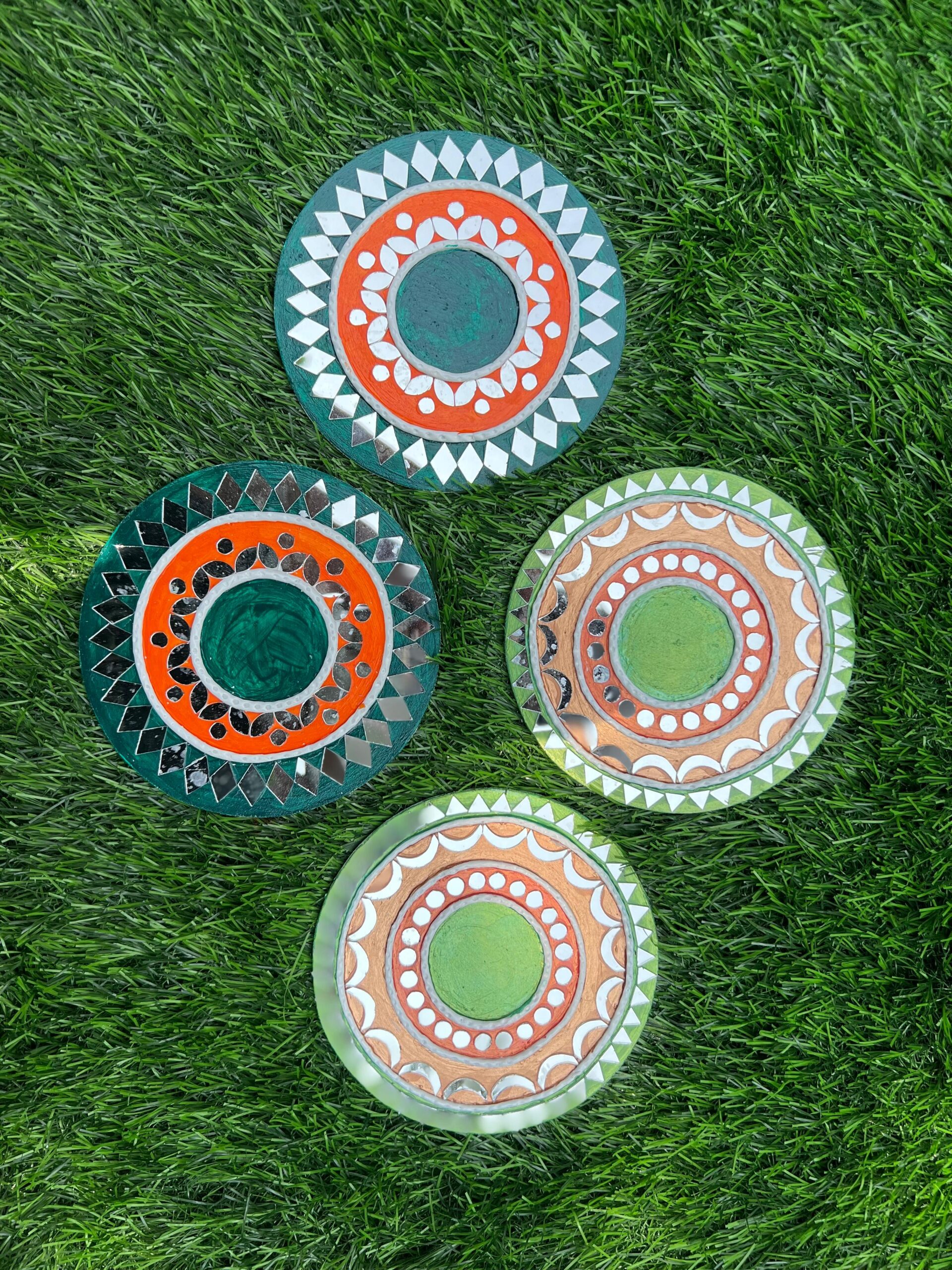 Handmade Lippan Art Tea Light Holders Rangoli – Customizable Diwali Décor with Candle Arrangement (Set of 4) - Image 3