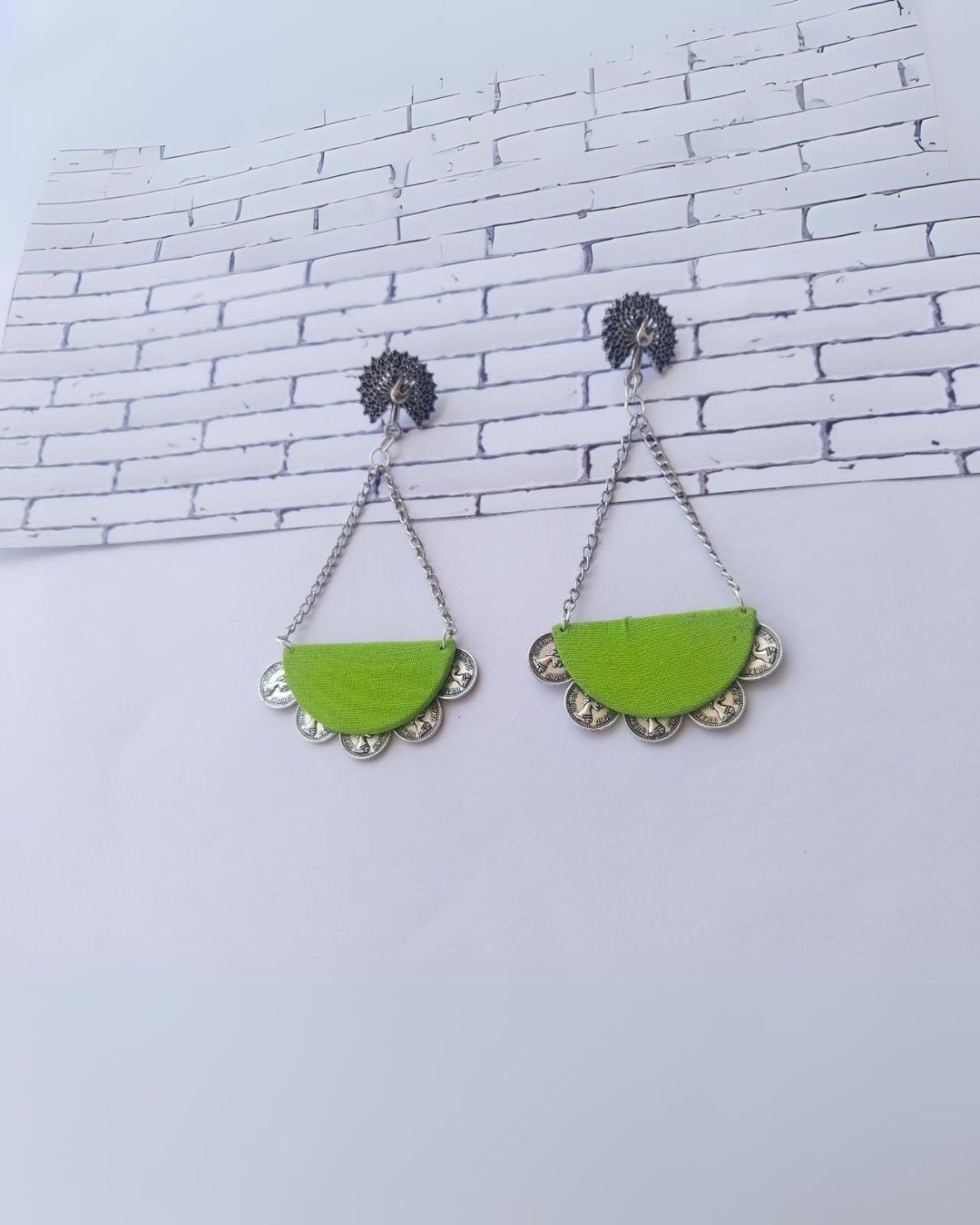 Peacock Green & Silver Chain Long Earrings | Elegant Handcrafted Jewelry for Women