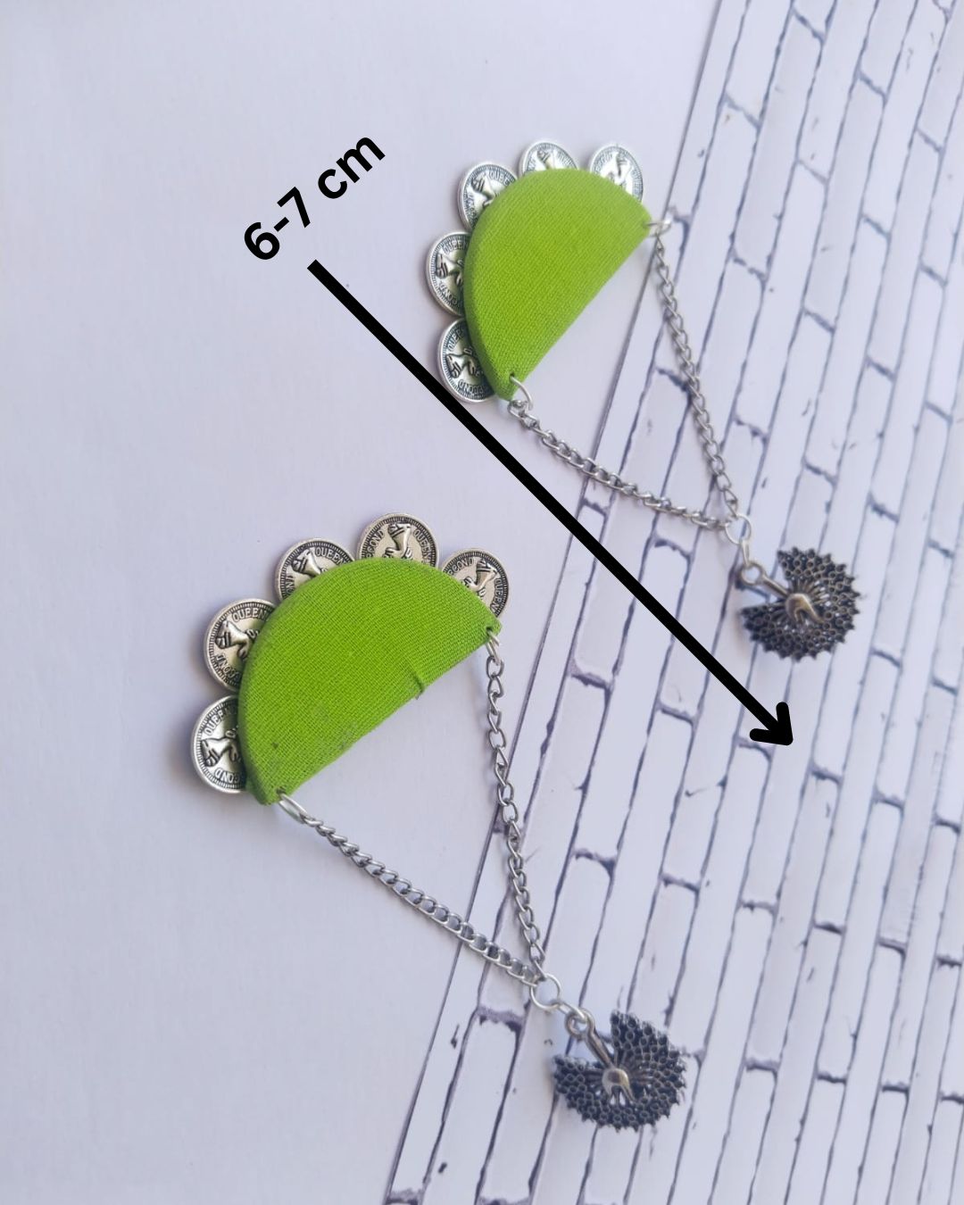 Peacock Green & Silver Chain Long Earrings | Elegant Handcrafted Jewelry for Women - Image 3