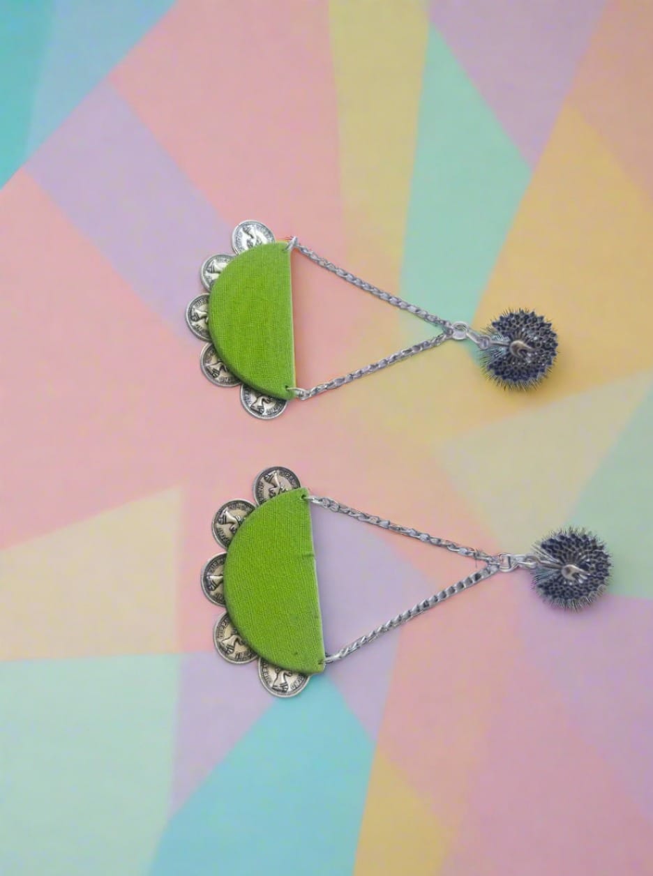 Peacock Green & Silver Chain Long Earrings | Elegant Handcrafted Jewelry for Women - Image 2