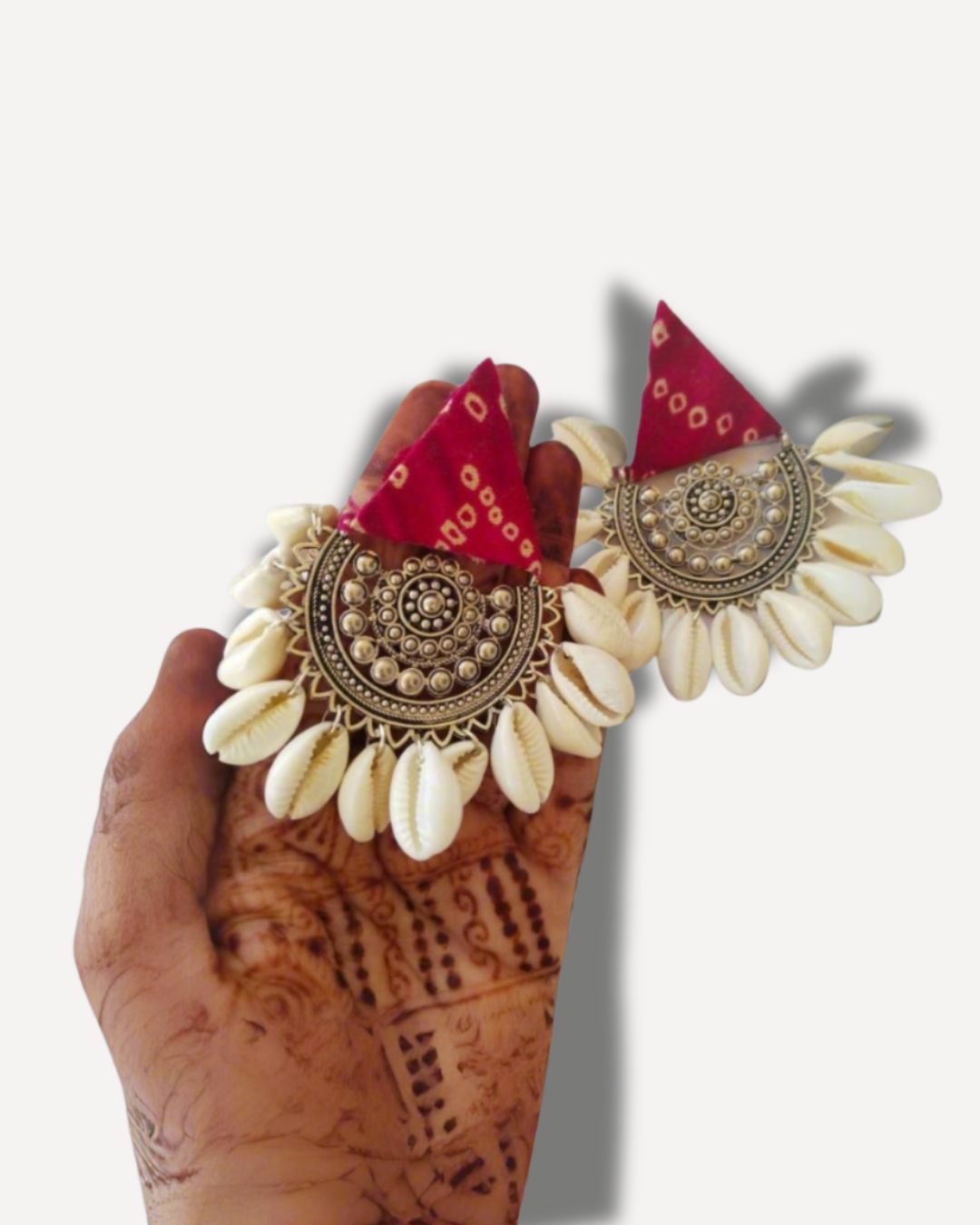 Rainvas Red Printed Fabric Earrings with Shells | Handcrafted Boho Jewelry for Women