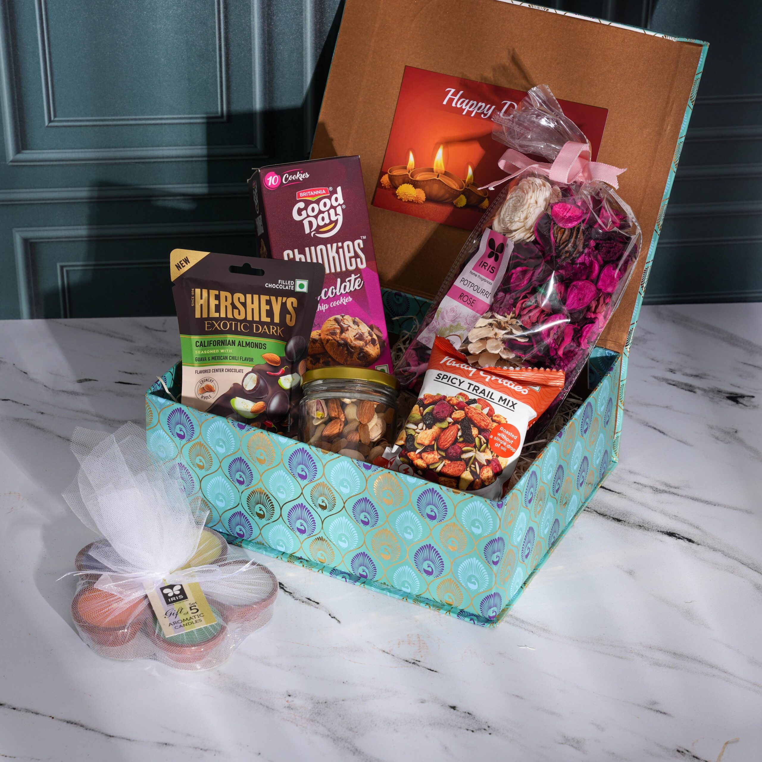 Diwali Hamper | Corporate Gifting Hampers | Peacock-Printed Fancy Box | Assorted Dry Fruits, Cookies, Diyas, Chocolate | Heartwarming Diwali Card